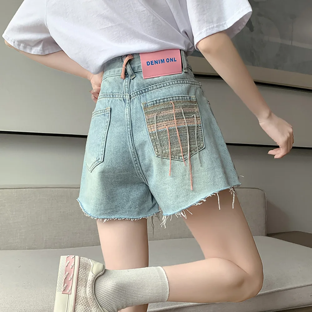 

2023 Summer Vintage Slim Denim Shorts for Women Basic High Waist Tassels Short Jeans A-line Wide-leg Hot Pants Streetwear