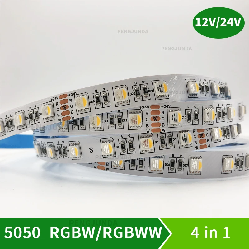 Tira de luces led flexible, 5 m/lote 24V DC 12V RGBW/RGBWW 4 colores en 1 chip LED 60Leds/m impermeable IP30/65/IP67 5050 SMD