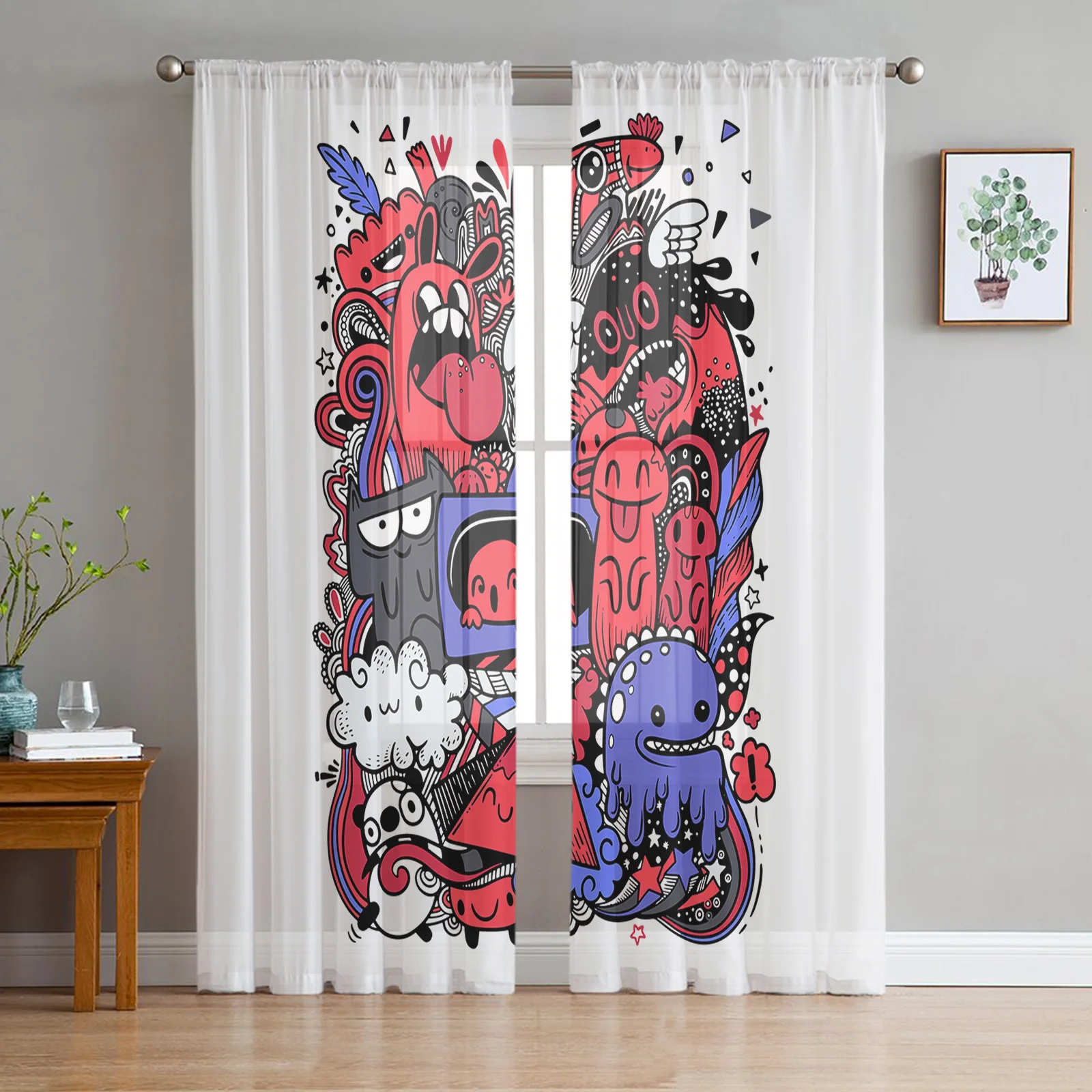 Doodle Cartoon Abstract Tulle Curtains for Bedroom Hall Living Room Decor Chiffon Curtain for Balcony Kitchen Home Drapes