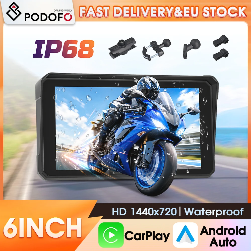 Podofo 6 Zoll Motorrad Wireless Carplay Tragbarer Touchscreen Auto-Multimedia-Player Android Auto Smart Audio Player IP68 Wasserdicht Unterstützt Bluetooth Freisprechfunktion