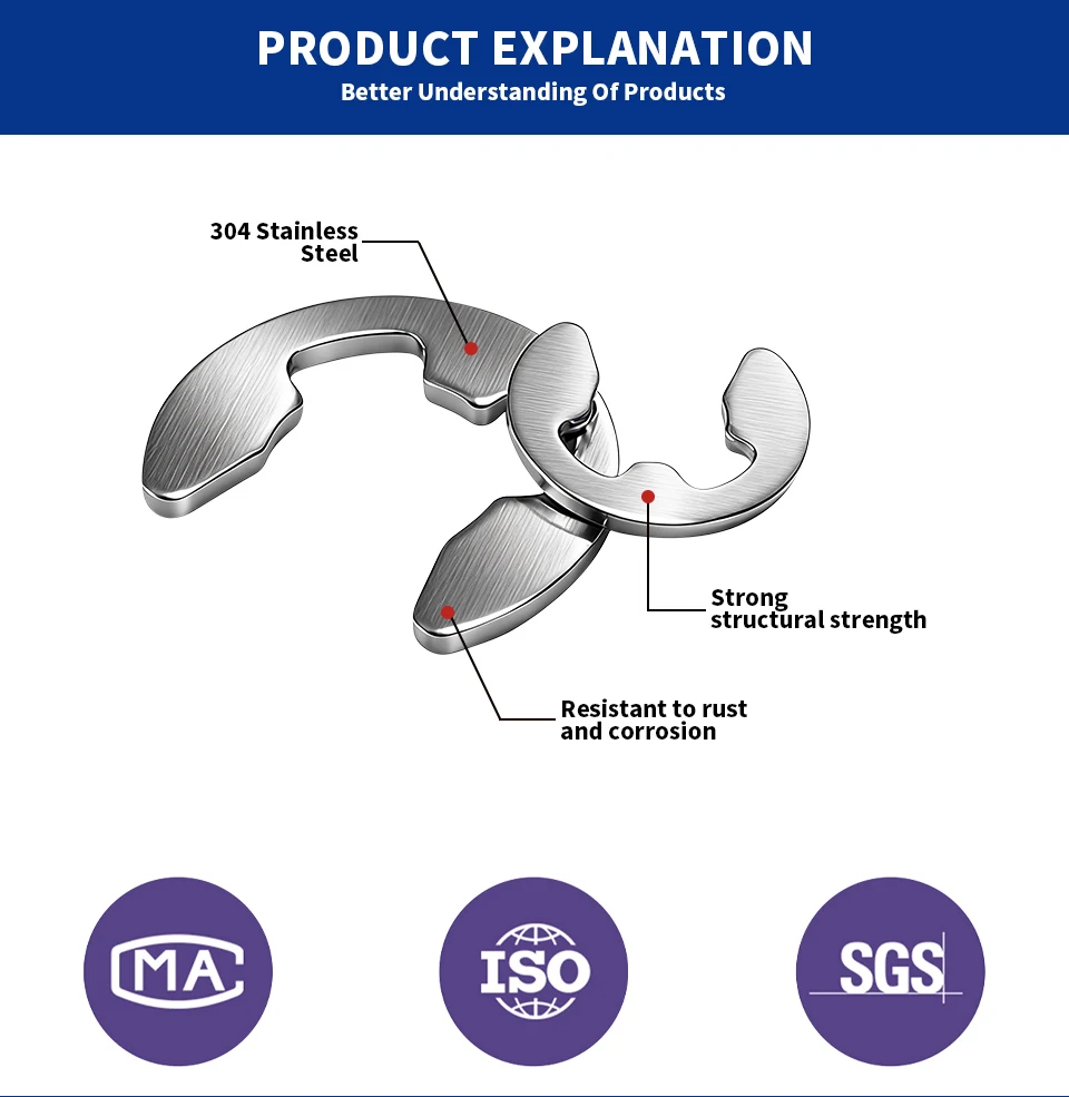304 Edelstahl E-Ring-Unterlegscheiben GB896 DIN6799 E-Clips Wellensicherungsringe Sicherungsringe Befestigungselemente Sortiment M1.5-M15 – Detail 2