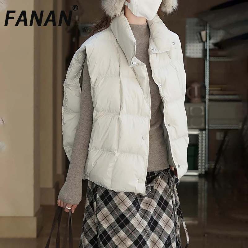 

FANAN Thick Warm Down Vest For Women Solid Stand Neck Sleeveless Single Breasted Office Lady Coats Fashion Tops Winter New