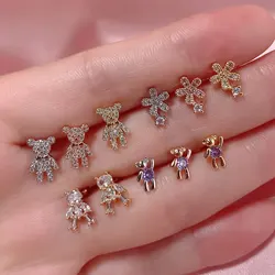 1Piece Fashion Sweet Crystal Flower Small Bear Stud Earrings  Women Cute Animal Piercing Earring For Teen Girls Accessories Gift