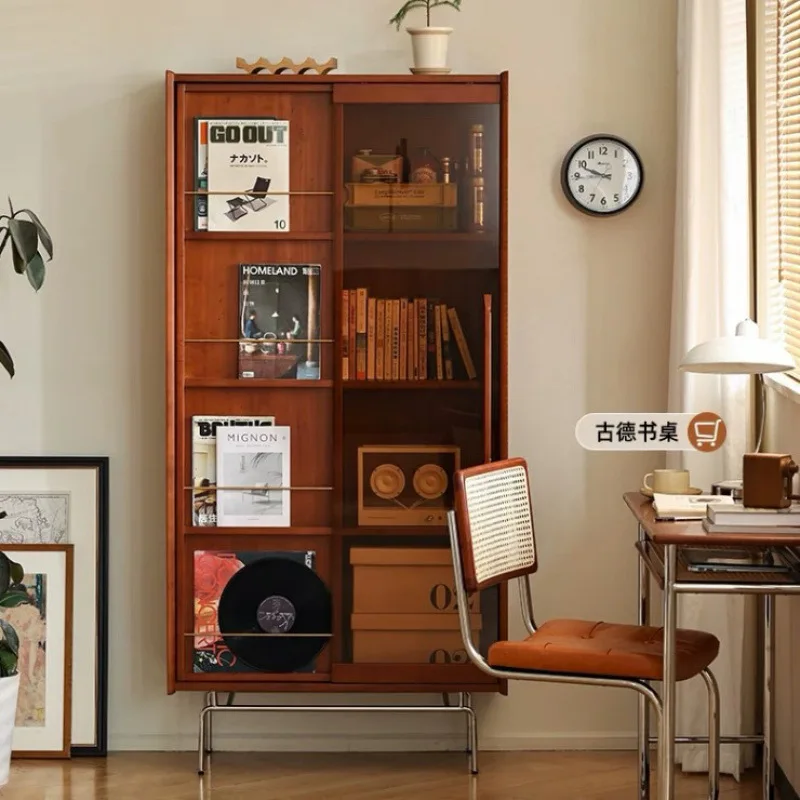 

Nordic solid wood retro bookcase simple small apartment living room home display cabinet study storage magazine locker