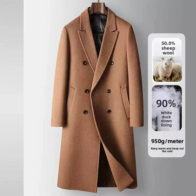 

2025 Autumn/Winter New Men's Long Cross Knee Double breasted Windbreaker Coat Warm Woolen Coat White Duck Down Inner Liner