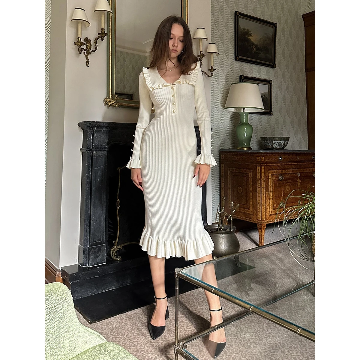 Retro Ladylike tejido Dr con ribete de encaje suéter falda transfronteriza Otoño Invierno nuevo Sle largo Sve One Step Dr