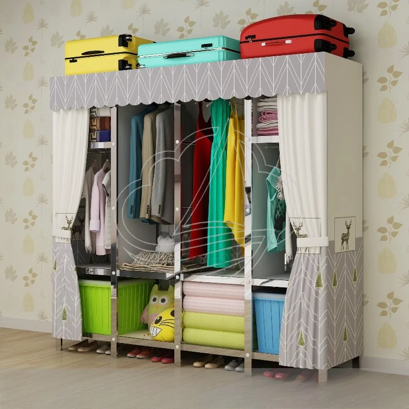 Stainless Steel Frame Fabric Wardrobe DIY Dustproof Clothes Storage Cabinet