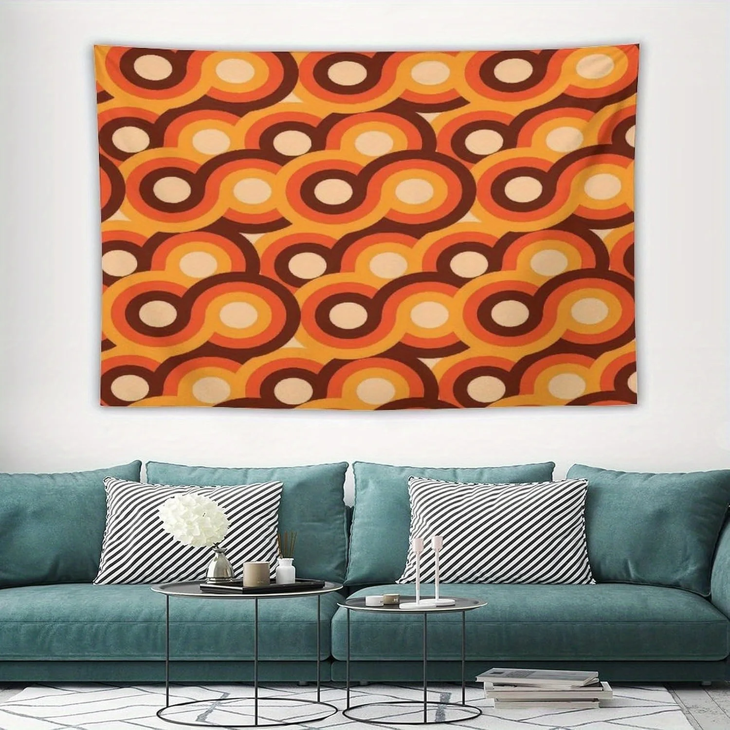 1pc Orange-brown circular pattern tapestry, polyester fabric, machine washable, suitable for bedroom and living room décor.