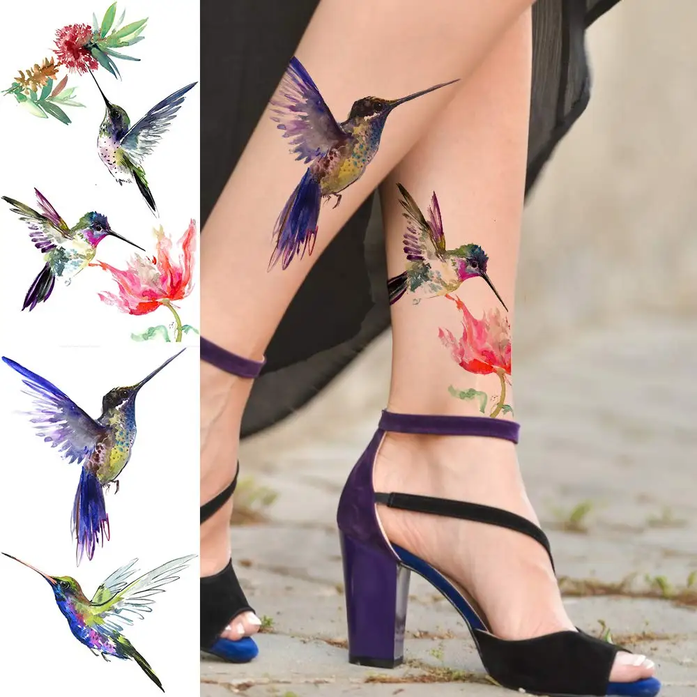 15 Sheets Watercolor Hummingbird Temporary Tattoos For Women Girl Small Flash Fake Flower Face Tatoos Kids Tiny Hands Waterproof