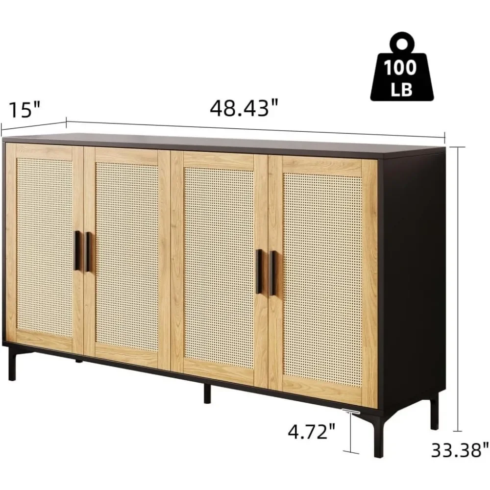 Dressoir-Keuken Buffetkast Met Met Rotan Versierde Deuren, 4 Deuren Accent Dressoir Kast