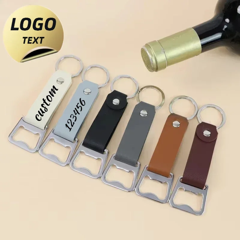 

Custom LOGO Metal Leather Beer Bottle Opener Tools Keychains Blank Engrave Keyring Personalize Ring Key Chain Hotel Company Gift