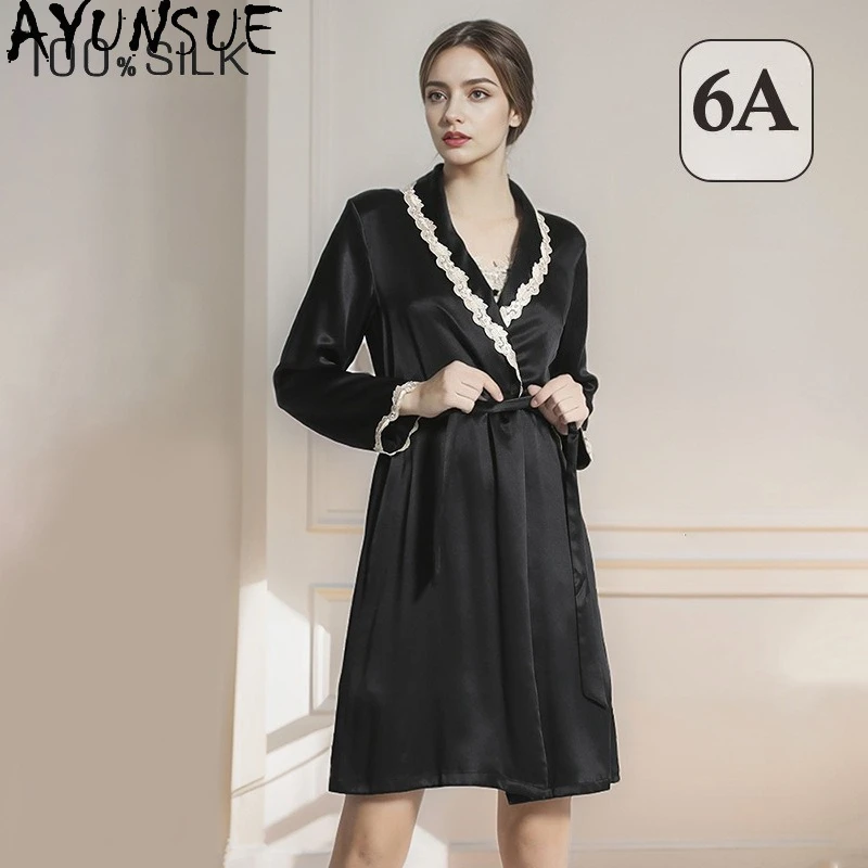 AYUNSUE 100% Real Mulberry Silk Robes for Women Spring Summer Pajama 19mm Silk Sexy Sleepwear Women's Home Clothes Халат Женский