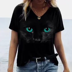 Women's T-Shirt Kawaii Cat Print 3d T Shirt Top Fashion Y2k Short Sleeve Tees V-Neck Female Clothing Oversized Summer T Shirts