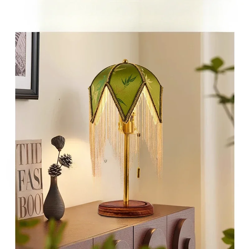 Bedroom Table Lamp Bedside Living Room Home Decor Designer Bed Side Wood Desk Light With Green Fabric Lampshade Fringed Tassels