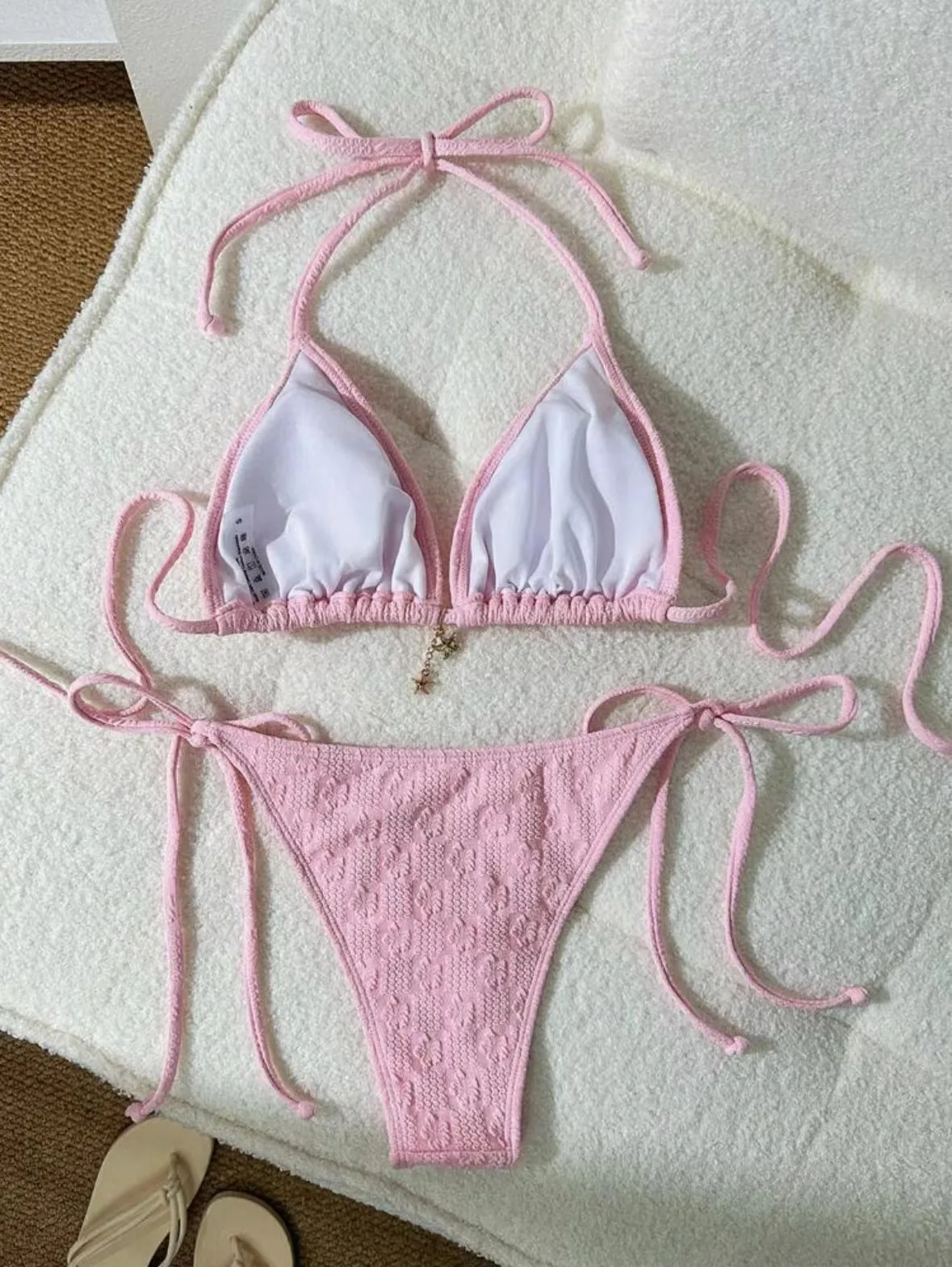 Seksowne różowe bikini damskie z zawieszką w kształcie rozgwiazdy, dwuczęściowe, wiązane na szyi, strój kąpielowy plażowy, kostium kąpielowy, biquini, trikini