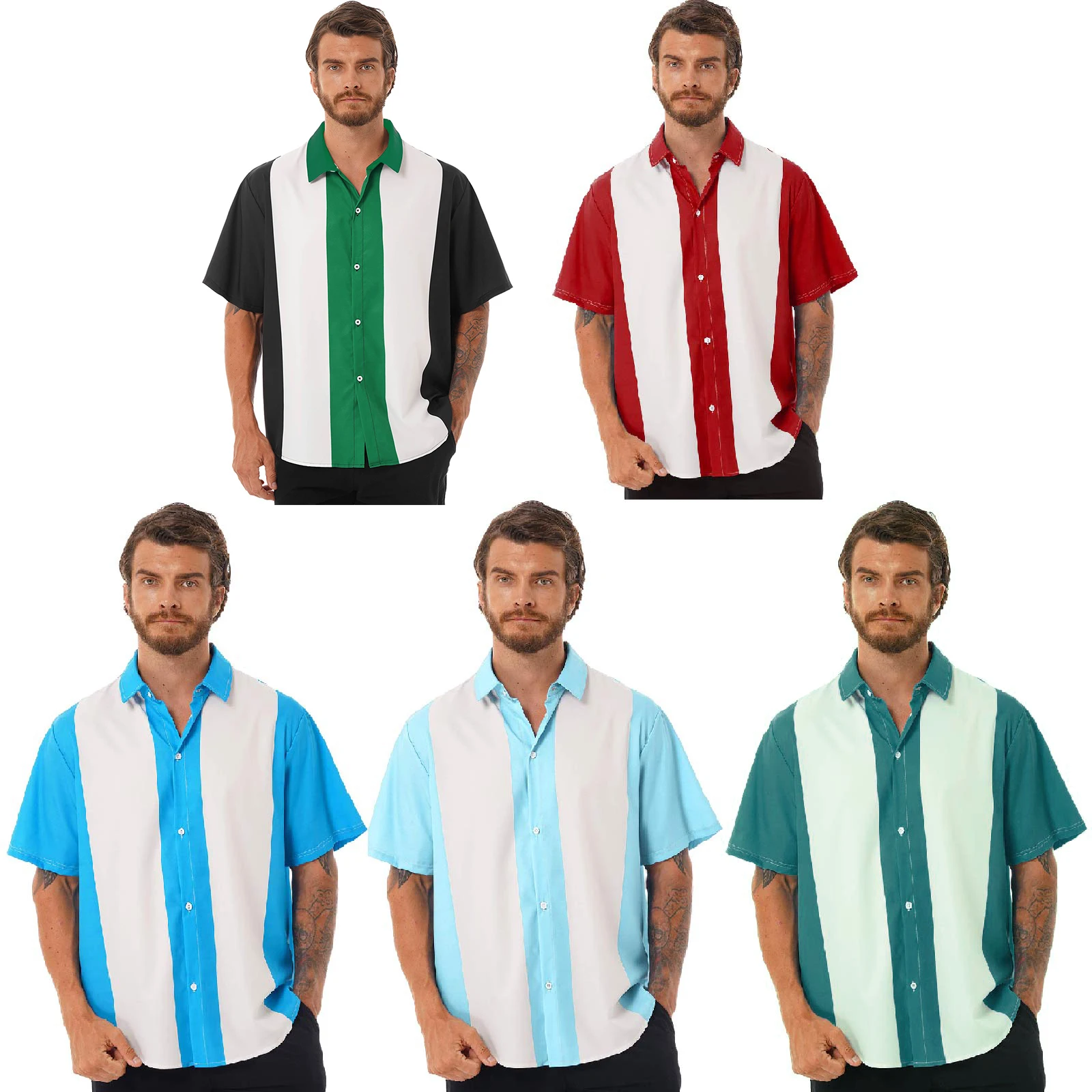 Mens Casual Shirt Color Block Bowling Shirt Cuban Style Short Sleeves Fifties Down Collar Tops Shirt for Business Holiday Beach