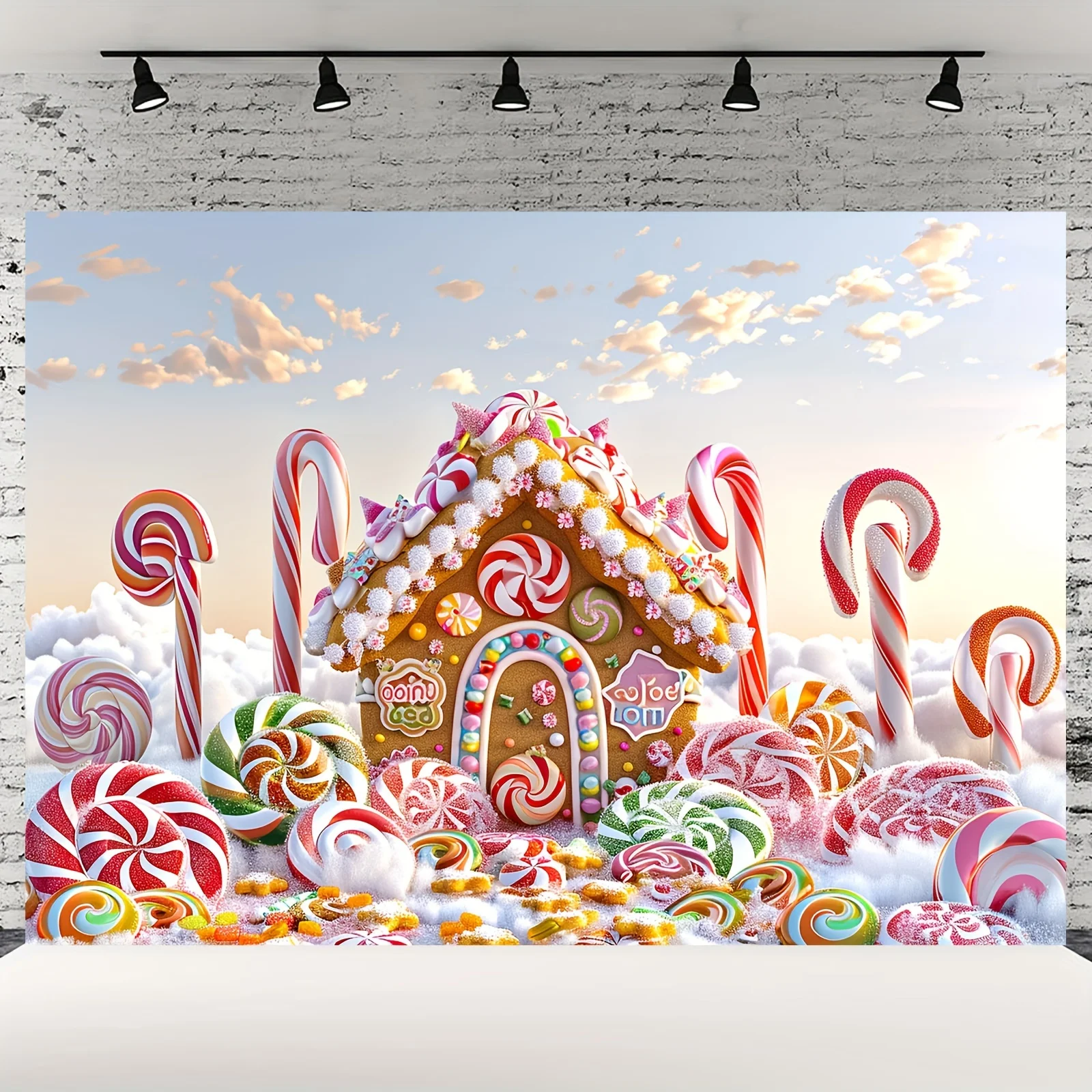 1 piece of vibrant gingerbread house background - candy cans, lollipops, Christmas party decoration, photography background