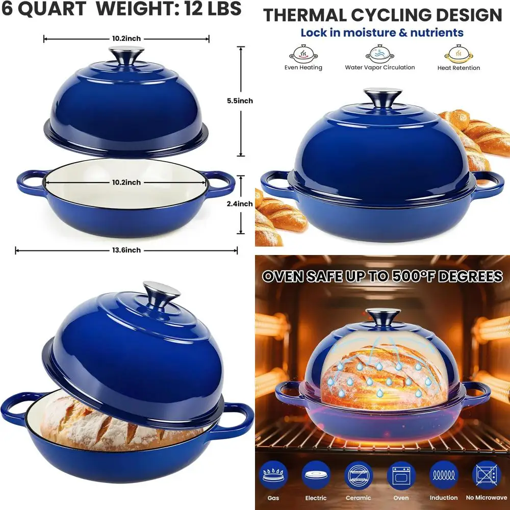

6-Quart Blue Enameled Cast Iron Bread Baking Pot with Dome Lid, Oven Safe to 500°F