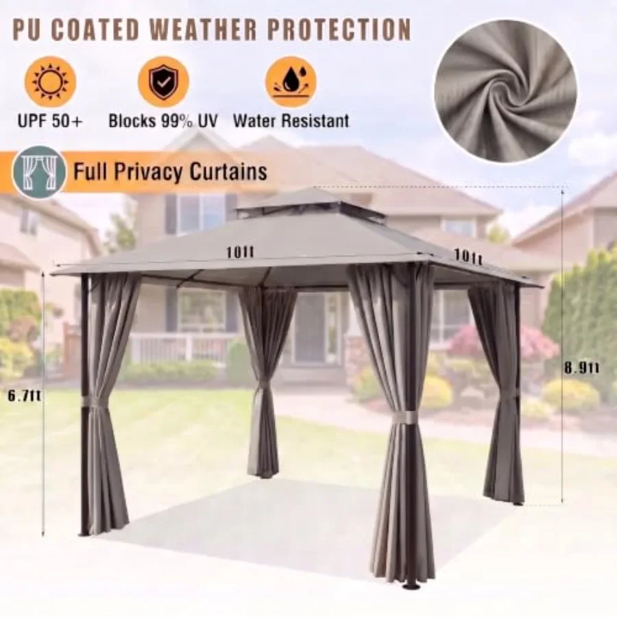 Feet Outdoor Gazebo, Soft Top Patio Gazebo with Ventilated Double-Tier Roof, Heavy-Duty Metal Frame Canopy with Removable Priva