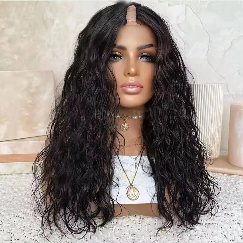 Natural Human Hair Deep Loose Wave Black Women Glueless Jerry Curly U Part Wigs Adjustable Middle V Part Brown Black Wigs Remy