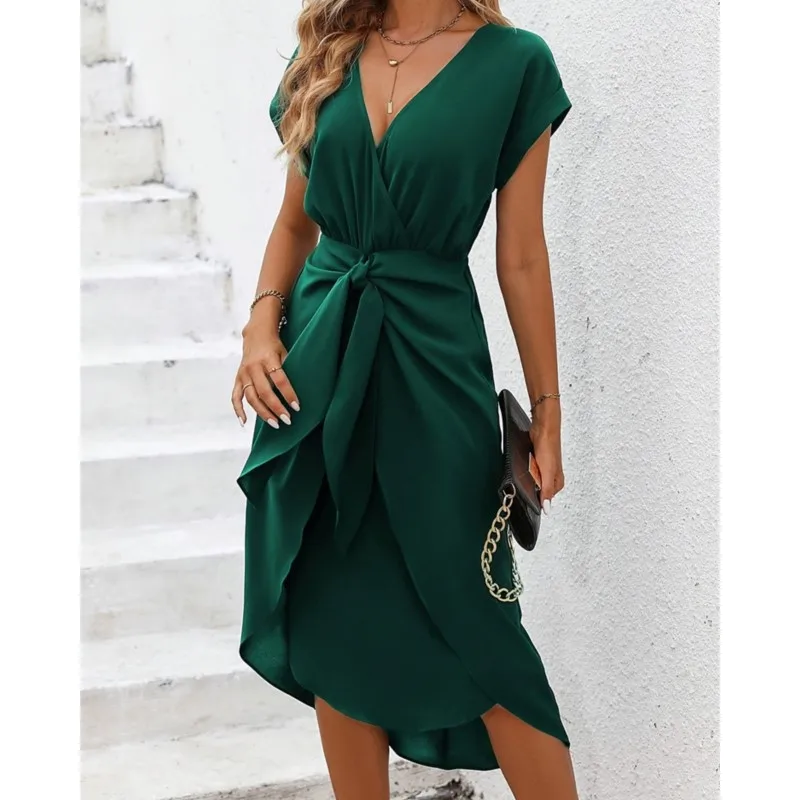 Green Elegant Women's Summer Dress New Item V-neck Pullover Loose Tie Irregular Hem Cinched Waist Solid Color Women's Midi Dress