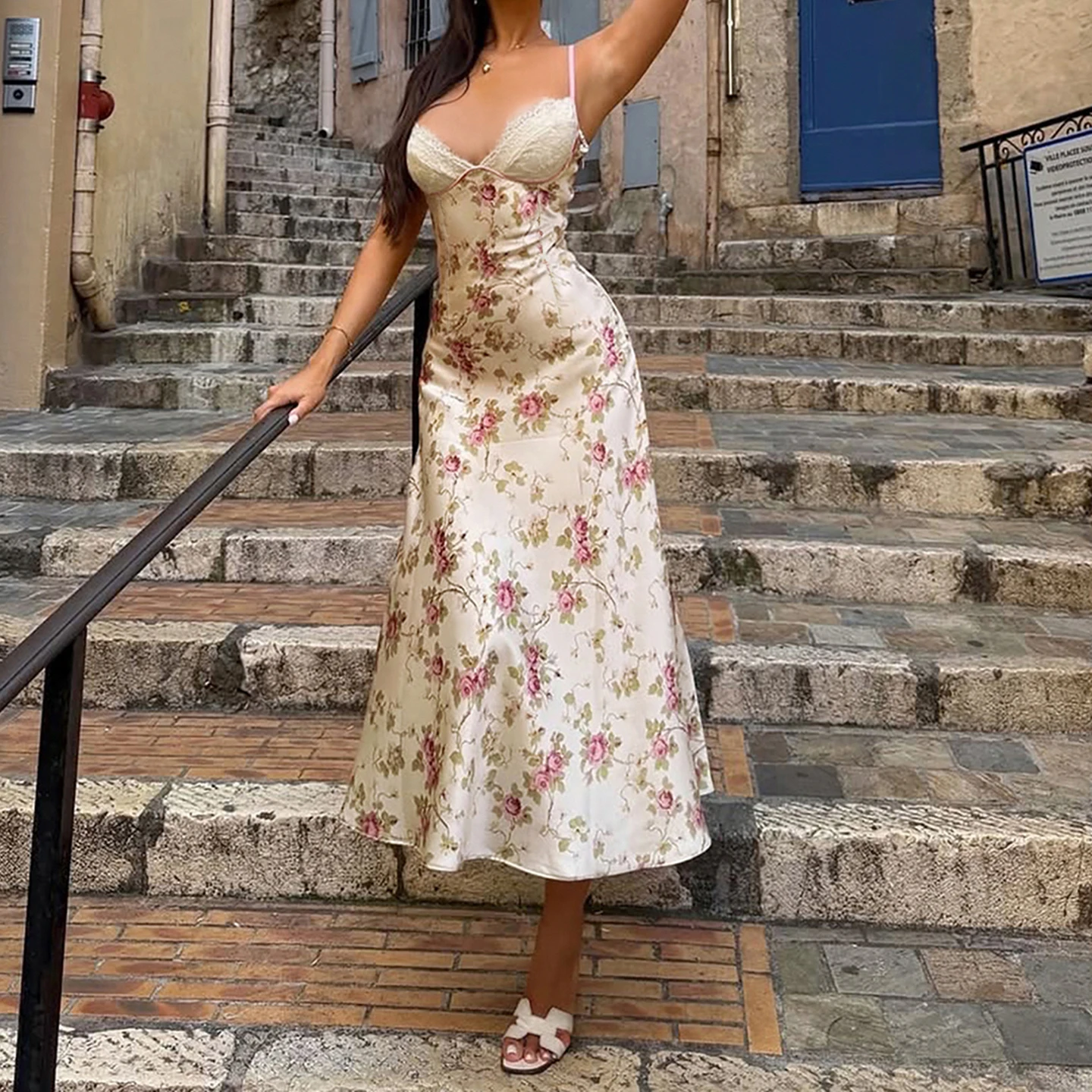 SUCHCUTE Französisches sexy Spitzen-Satinkleid für Damen, ärmellos, V-Ausschnitt, Spaghettiträger, Partykleider, Sommerurlaub, Boho-Party-Kleider