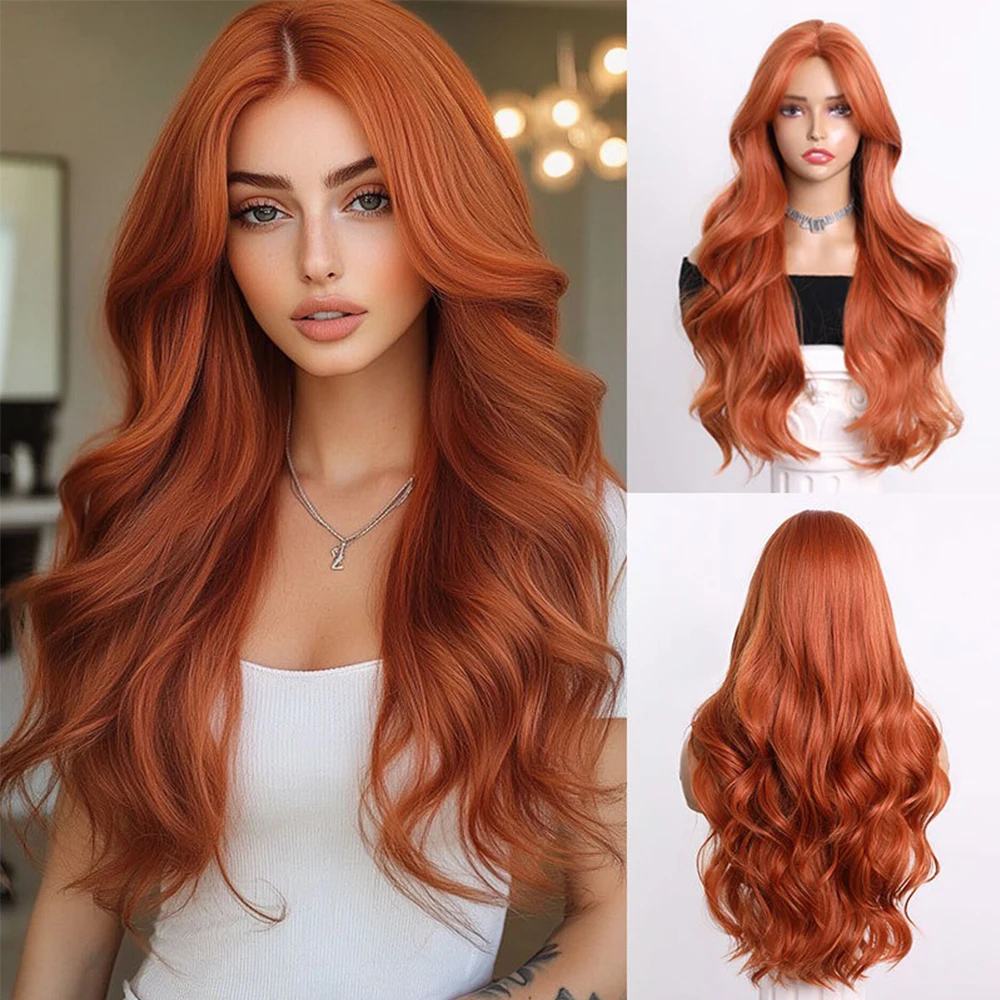 

Осенние листья, коричневый волнистый парик, модные длинные вьющиеся волосы среднего пробора, женские парики для косплея, повседневное использование, парики из термостойкого волокна