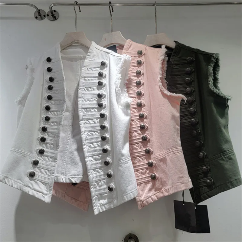 Taant 2026 autumn new retro style double row metal ribs sewn edge denim vest women