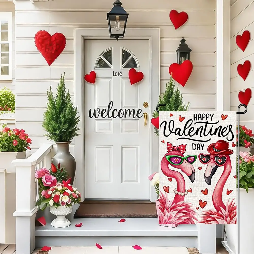 Valentines Day Flamingo Garden Flag 12x18 Inch Double Sided, Cute Pink Flamingo Couple Yard Flags Small Sign for Front Porch uui