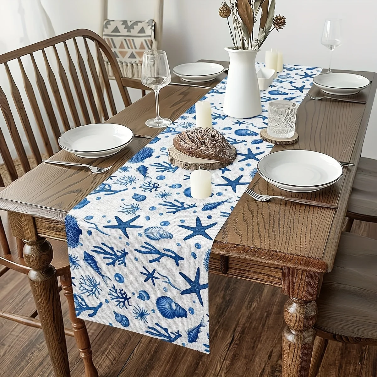 Blue Ocean Linen Table Runner Home Decorations Summer Ocean Underwater Starfish Seashells Coral Dining Table Runners Party Decor