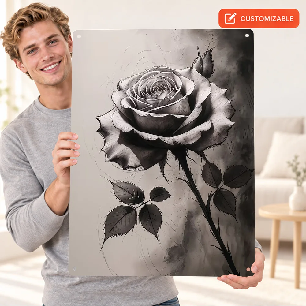 Monochrome Rose Drawing Aluminum Poster Minimalist Line Style Wall Art For Living Room Customized Metal Sign Housewarming Gift