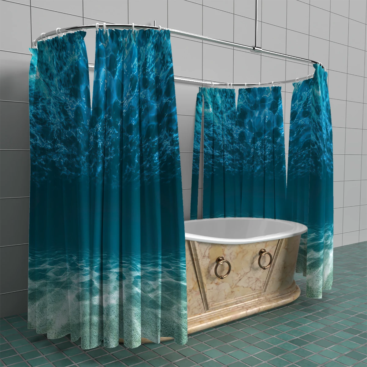 1PC, 180x180cm bathroom polyester shower curtain, mold resistant, waterproof, perforated with hooks, blue seawater print