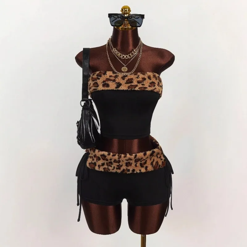 

Fleece Leopard Print Patchwork Women Sexy 2 Piece Set Strapless Tank Crop Tops + Side Lace Up Shorts Hottie Streetwear Suits