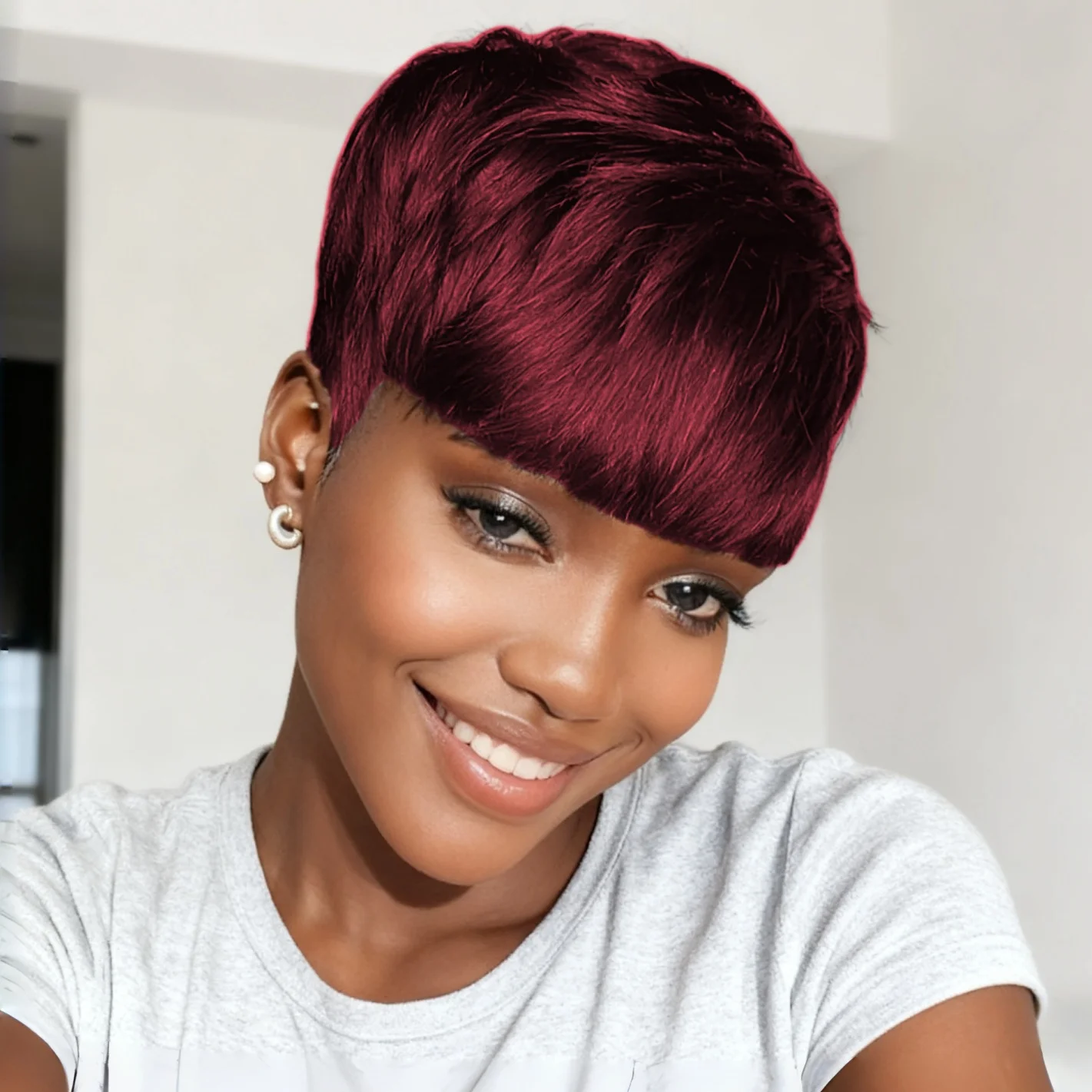 شعر بشري برازيلي قصير مفرود مصنوع آليًا بالكامل باروكات بيكسي ذات طبقات مع غرة