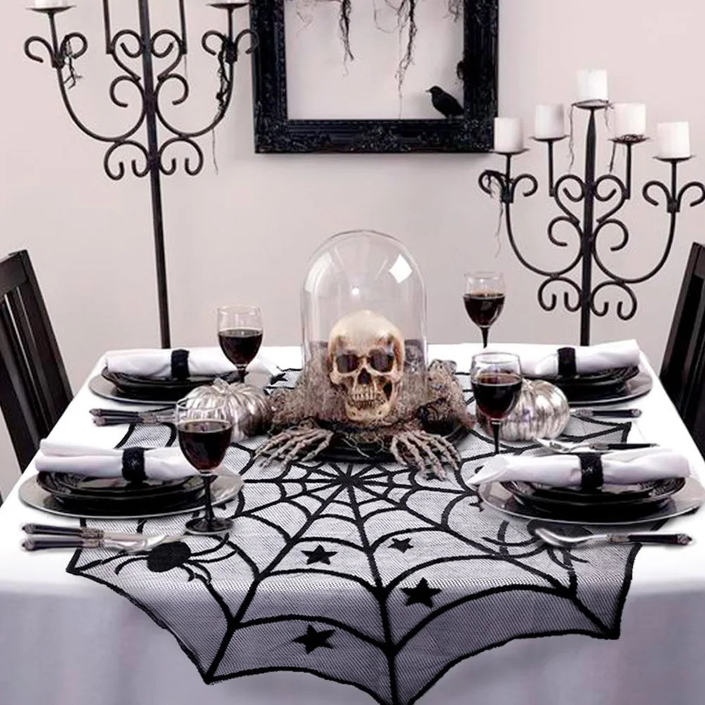 

2 Pcs Fireplace Cloth + Five-pointed Star Round Table Halloween Pentagram Dining Room Decor Spider Web Tablecloth