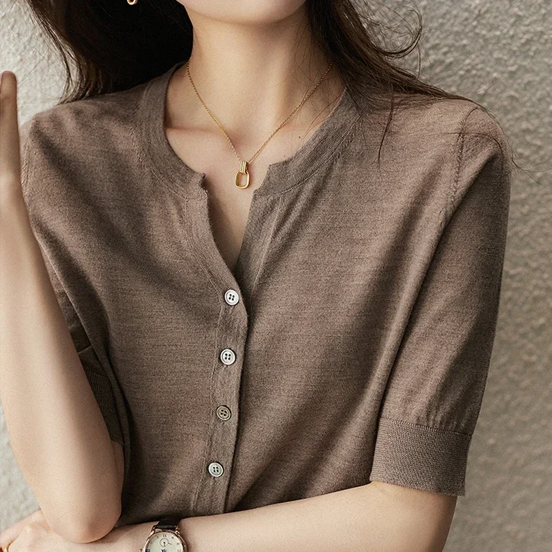 New Fashion Short Sleeve Knitted Blouse Shirt Women Tops Pullover Blusas Mujer De Moda 2024 Verano V-Neck Knit Blouse Women E889