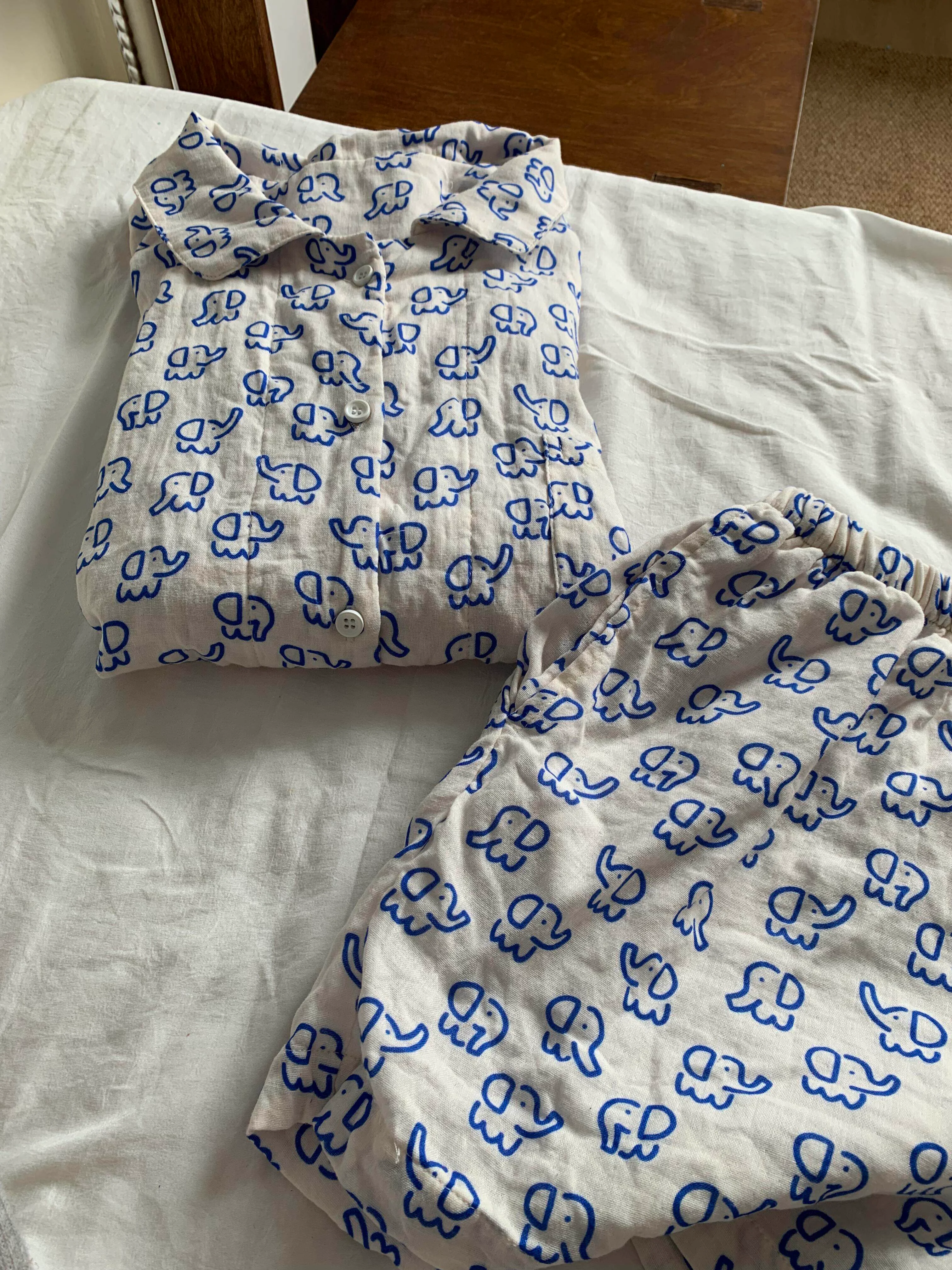 Blue Line Elephant Summer Pajamas Women's Cute Cartoon Loose Short Sleeve Shorts Home Clothes Set Comfortable Breathable Cotton