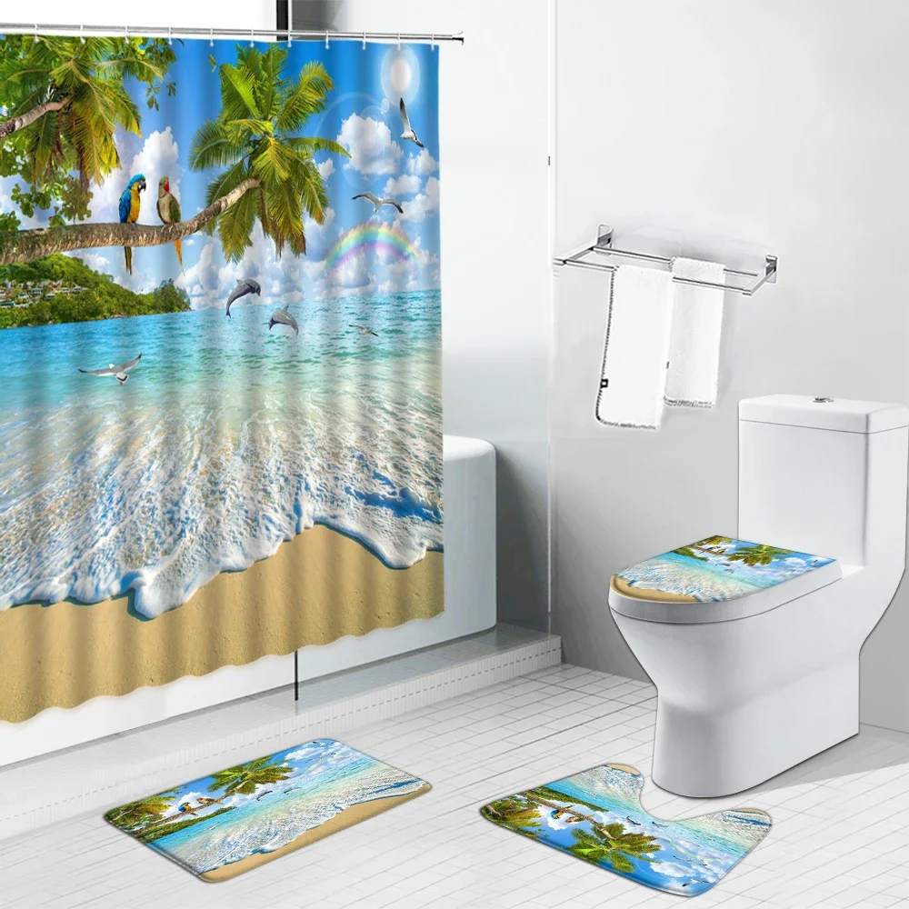 Color Parrot Ocean Beach Palm Tree Scenery Bathroom Set Waterfall Bird Print Spring Shower Curtain Toilet Cover Mat Non Slip Rug