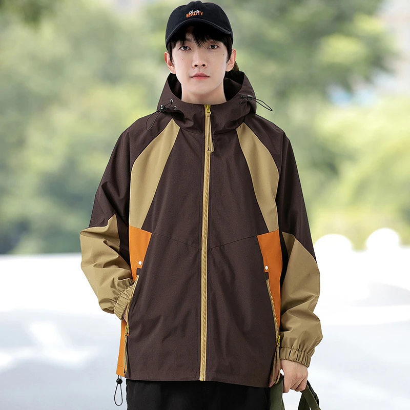 chrlck-ユニセックス防水ハイキングジャケット防風キャンプウインドブレーカーフード付き男性ファッションスプライシング釣りトレッキングコート女性