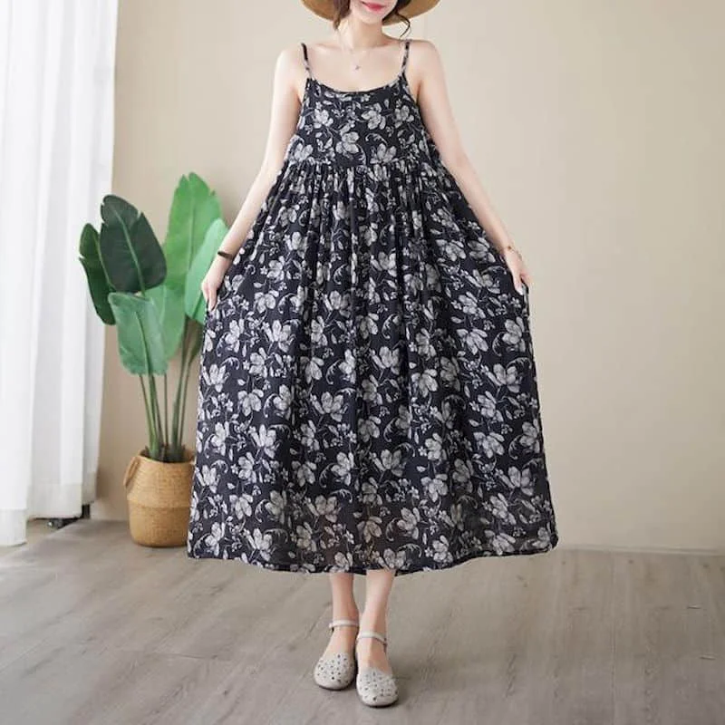 Women Dresses Vintage Summer Floral Printed Sleeveless A-line Casual Loose Korean Fashion  Mid-Calf  Dress for Women Clothing