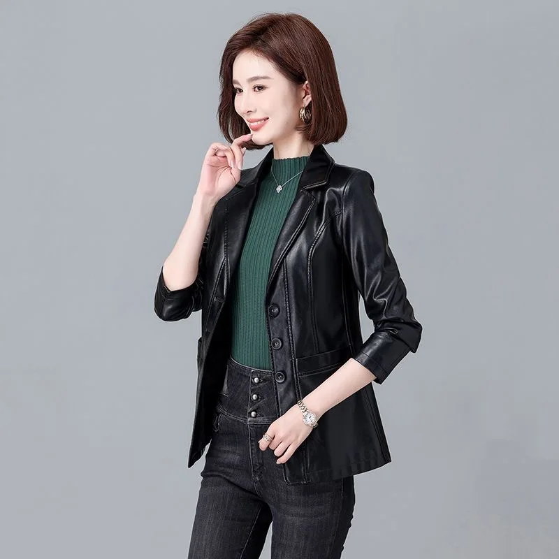 New Women Leather Jacket Spring Autumn Fashion Suit Collar Single Breasted Slim Blazer Solid Leather Long Sleeve Coat