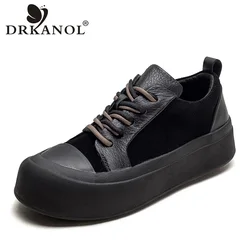 DRKANOL Fashion Women Casual Sneakers Spring Lace-Up Mixed Colors Genuine Leather Flat Platform Shoes Comfort Retro Board Shoes