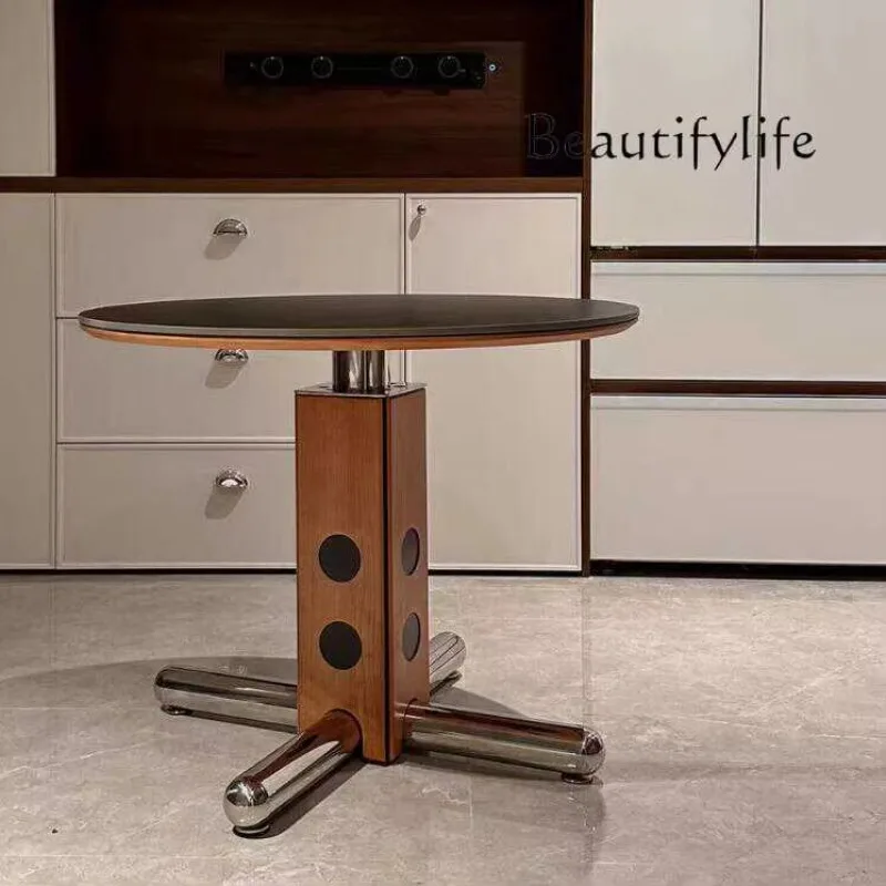 

Mid-Ancient round Table Designer Retro Small Apartment Stainless Steel Creative Bauhaus Solid Wood Stone Plate Dining Table