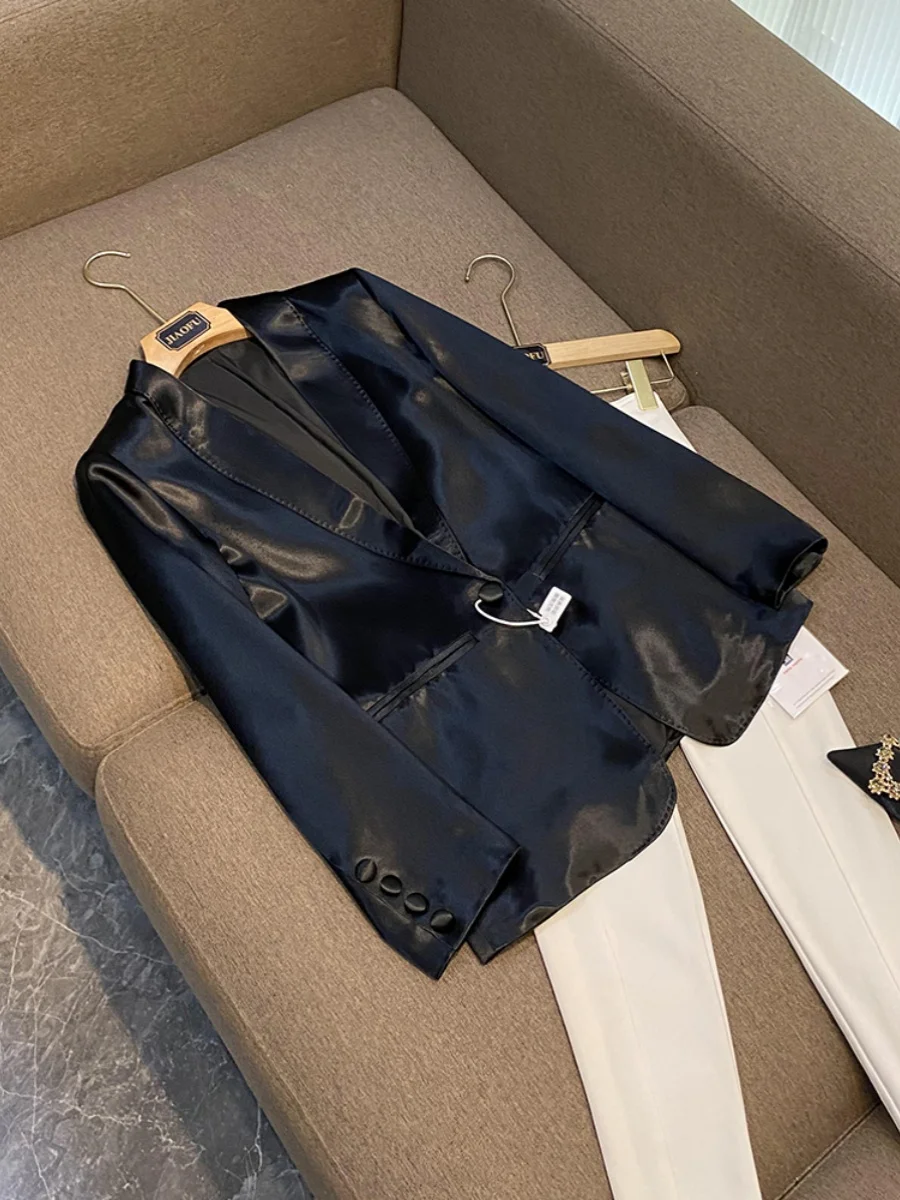 

Casual Sle Women's Bla Satin Small Suit Jaet Winter New Faion Long Coat Button ket Detail Office Commute Suitable