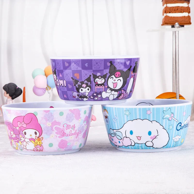 

Kawaii Sanrio Hello Kitty Children's Cartoon Tableware Bowls Cinnamoroll Kuromi Cute Dining Anti Scalding Melamine Bowl Kitchen