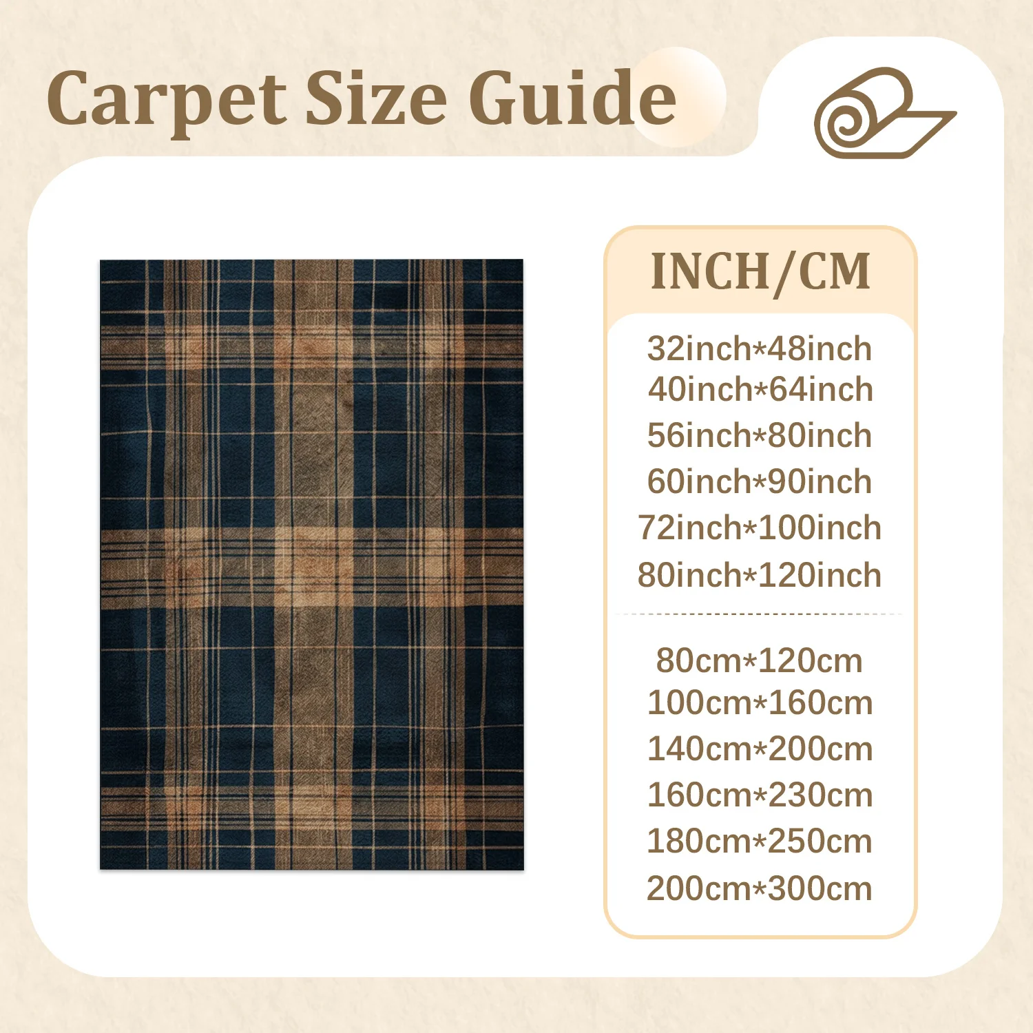 Large Indoor Area Rug, Soft Velvet Low Pile Non-slip Dotted Backing, Machine Washable Vintage Plaid Floor Rug for Living Room, Bedroom, Entryway – Navy & Tan Checkered Decor Rug