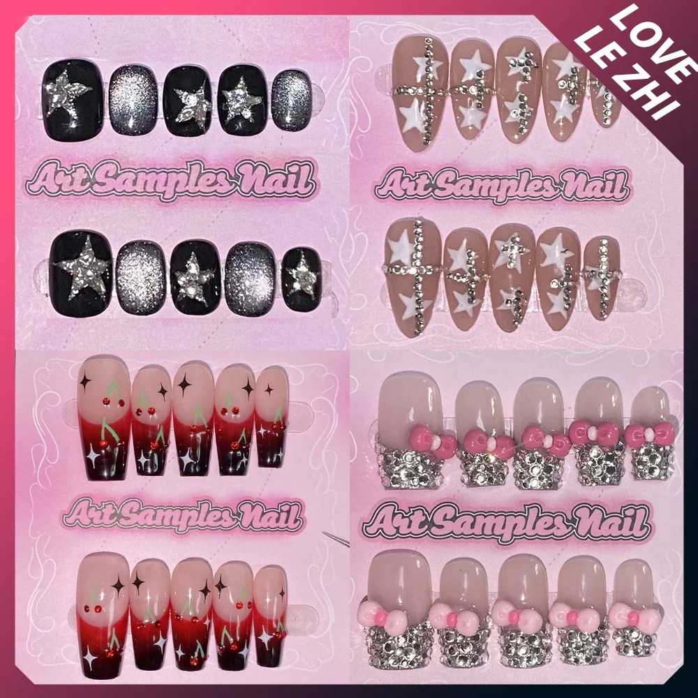 10Pcs Fashion Beautiful Long Coffin Long Stiletto Handmade False Nails Five-Pointed Star Wearable False Artificial Nail