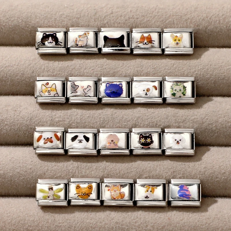 Cute Animal Series Dragonfly Flower Cat Corgi Dog Italian Charm Links Fit 9MM Stainless Steel Bracelet DIY Jewelry Making Gift
