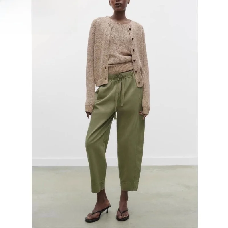 New 2025 Women's High Waist Straight Leg Cotton Comfortable Elastic Waist Long Pants ket Detail Korean Sle Casual Trousers