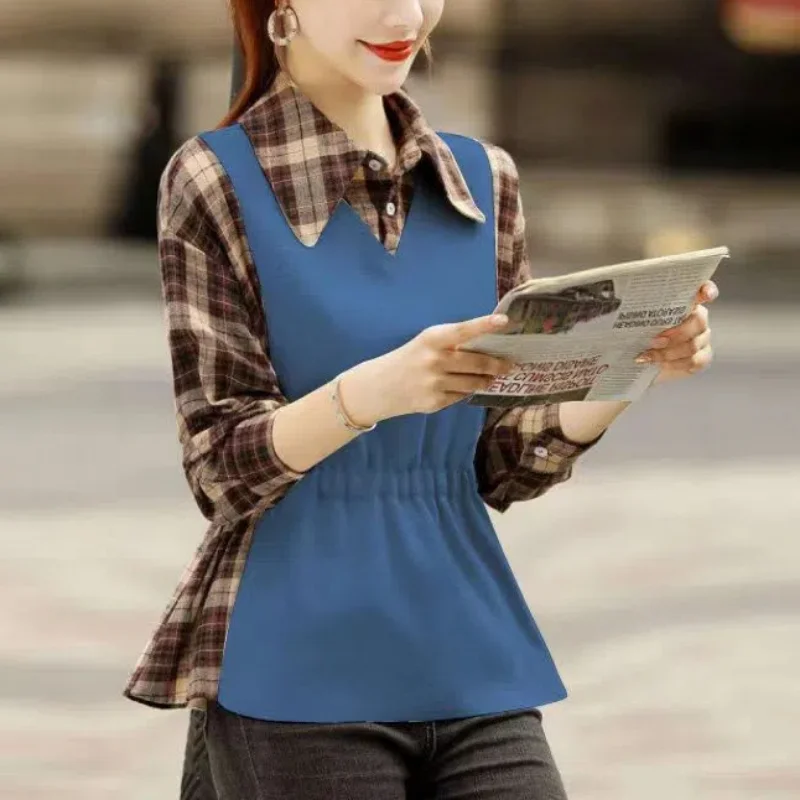 Primavera otoño cuello vuelto a cuadros jersey de mujer botón manga larga Patchwork camiseta Casual falso dos piezas Tops